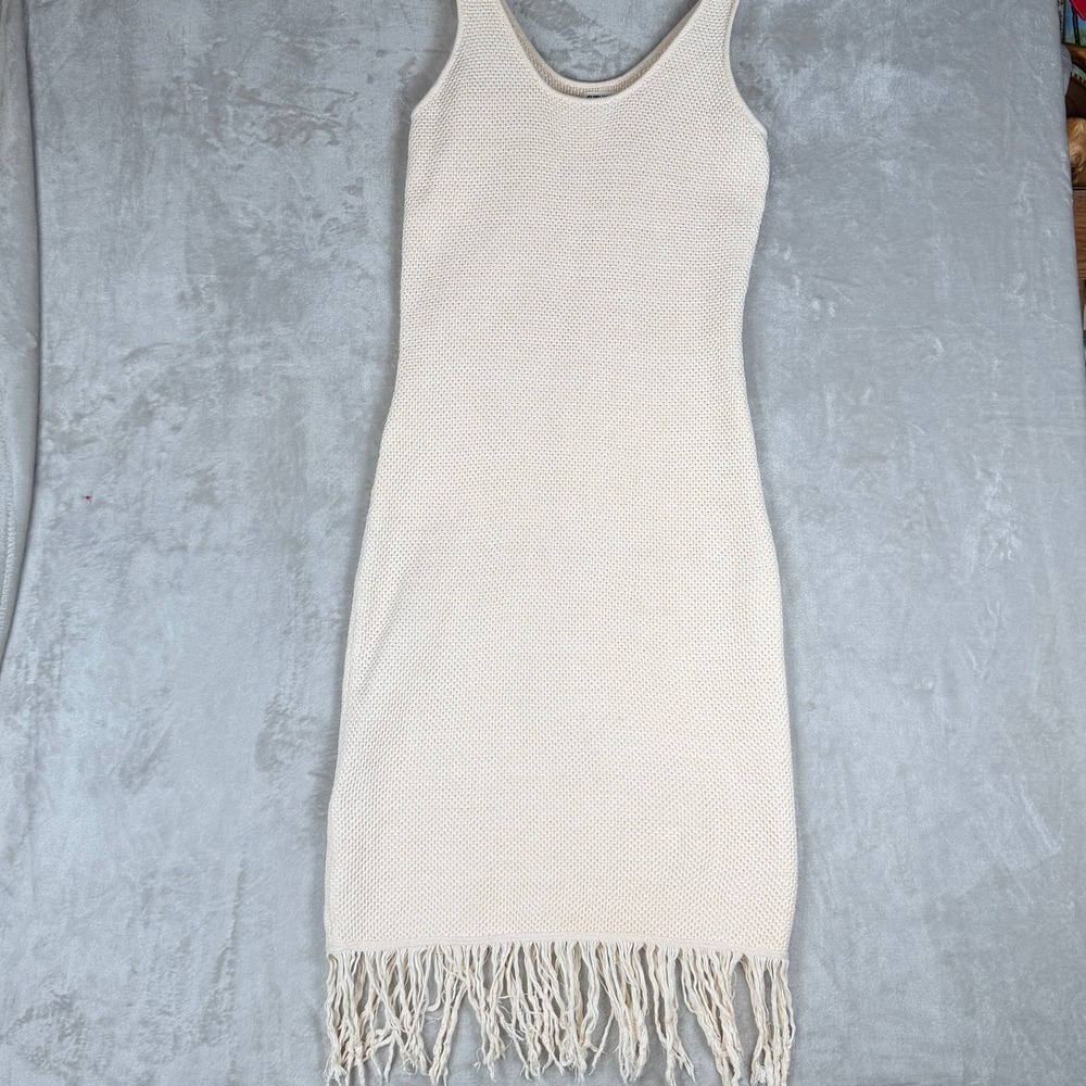 Future Collective Alani Noelle Cream Knit Fringe Midi Dress‎ Womens Size L Scoop